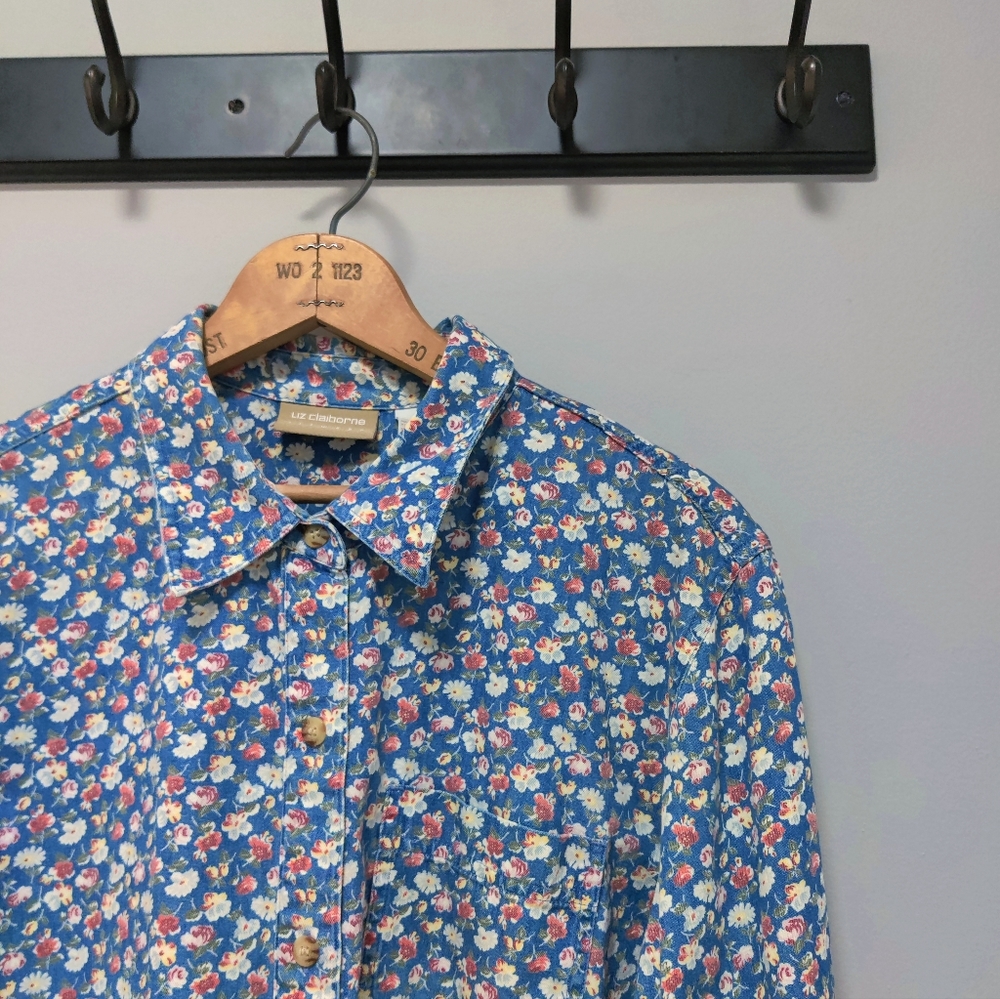 Vintage 90s Liz Claiborne Lizwear Micro Floral Blue Chambray Denim Shirt Size XL